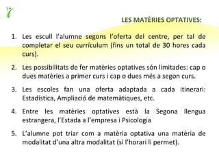LES MATÈRIES OPTATIVES:

1. Les escull l’alumne segons l’oferta del centre, per tal de
   completar el seu currículum (fins un total de 30 hores cada
   curs).
2. Les possibilitats de fer matèries optatives són limitades: cap o
   dues matèries a primer curs i cap o dues més a segon curs.
3. Les escoles fan una oferta adaptada a cada itinerari:
   Estadística, Ampliació de matemàtiques, etc.
4. Entre les matèries optatives està la Segona llengua
   estrangera, l’Estada a l’empresa i Psicologia
5. L’alumne pot triar com a matèria optativa una matèria de
   modalitat d’una altra modalitat (si l’horari li permet).
 