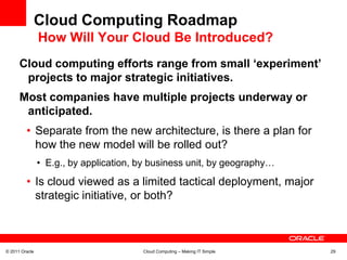 Cloud Computing Roadmap
                How Will Your Cloud Be Introduced?
      Cloud computing efforts range from small ‘experiment’
       projects to major strategic initiatives.
      Most companies have multiple projects underway or
       anticipated.
         • Separate from the new architecture, is there a plan for
           how the new model will be rolled out?
                • E.g., by application, by business unit, by geography…
         • Is cloud viewed as a limited tactical deployment, major
           strategic initiative, or both?



© 2011 Oracle                           Cloud Computing – Making IT Simple   29
 