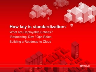 How key is standardization?
                What are Deployable Entities?
                „Refactoring‟ Dev / Ops Roles
                Building a Roadmap to Cloud




© 2011 Oracle                       Cloud Computing – Making IT Simple   4
 