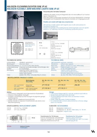 HALOGEN-FLEXARMLEUCHTEN 50W, IP 65
HALOGEN FLEXIBLE-ARM MACHINE LIGHTS 50W, IP 65
                                                                   Flexarmleuchte mit hoher Schutzart

                                                                   wahlweise als mobile Lösung mit Magnetfuß oder mit Universalflansch zur Festmon-
                                                                   tage an Maschinen etc.
                                                                   Auch über größere Entfernungen genügend Licht auf dem Arbeitsfeld für schwierige
                                                                   Sehaufgaben wie Einstellarbeiten oder optische Kontrolle von Fertigungsprozessen.

                                                                   Flexible-arm model with high class of protection

                                                                   alternatively as mobile solution with magnetic base or with universal base for
                                                                   mounting at machines etc.
                                                                   Provides enough light at the working area for critical visual tasks even over greater
                                                                   distances, e.g. adjusting a machine or monitoring a production process.




                                 Isoluxdiagramm,         IP 65
                                 Meßabstand 50 cm                                1 x QT 12-LP ax, 12V/50W
                                 Isolux map at 50 cm                             (ILCOS:
                                                         2,2 kg
                                 above surface                                   HSGST/C/UB-50-12)
                                                                                 GY 6,35
                                                         12V / 24V AC/DC
                                 12V = E(lx) x 1,0                               950 lm (271.95.50)
                                 24V = E(lx) x 0,9

                                                                                 1 x QT 12 ax, 24V/50W
                                                                                 (ILCOS:
                                                                                 HSGT/C/UB-50-24)
                                                                                 GY 6,35
                                                                                 850 lm (271.95.51)

TECHNISCHE DATEN                                                                 TECHNICAL DATA
Lichtverteilung        mittelbreit, symmetrisch                                  Light distribution   mid beam, symmetric
Betriebsgerät          ohne bzw. extern                                          Transformer          without resp. separate
Netzanschlussleitung   ca. 1,5 m 2x1,0 mm2 ohne Stecker                          Mains lead           approx. 2m lead 2x1,0 mm2 without plug
Lampenabdeckung        temperatur-wechselbeständiges Sicherheitsglas, klar       Lamp cover           toughened glass cover, clear
Schalter               im Leuchtenkopf                                           Switch               on top of the lighting head
Befestigung            Magnetfuß (600N Tragkraft) bzw.                           Mounting             magnetic (600N capacity) or
                       Universalflansch 60x60 mm (inkl.)                                              universal base 60x60 mm (incl.),
                       weitere siehe Zubehör                                                          for further options refer to accessories
Farbe                  alusilber RAL 9006, Schrumpfschlauch schwarz              Colour               alu-silver RAL 9006, PUR sleeving black

 BESTELLDATEN / PRODUCT CODES
                                  Befestigung                    Art.-Nr. /Art.-No.           Art.-Nr. /Art.-No.              Art.-Nr. /Art.-No.
                                  Mounting                       12V                          24V                             Sep. Trafo 12V/230V

            inkl. Leuchtmittel    Magnetfuß                      271.95.50                    271.95.51                       206.00
            incl. lamp            Magnetic base
            inkl. Leuchtmittel    Univ.-Flansch 60x60            271.95.50-1                  271.95.51-1
            incl. lamp            Univ. base 60x60
Aufbau:                                                                       Design:
• Konzentriertes Halogenlicht durch glanzeloxierten Rundreflektor.            • Concentrated halogen light by a specular anodised round reflector.
• Robustes Friktionsgelenk, Druckguß.                                         • Sturdy friction joint made of die-cast metal.
• Verrippter Leuchtenkopf aus Alu-Druckguß mit angenehm geringer              • The finned lighting head made of die-cast aluminium remains
  Außentemperatur.                                                              comfortably cool.
• Stabiler Griff aus schlagfestem Kunststoff (GFK).                           • Handy, stable grip made of reinforced plastic.
• Betrieb entweder an separatem Sicherheitstrafo oder direkt an der           • For connection with a remote safety transformer or the low voltage
  Maschinenspannung.                                                            source of a machine.

ERSATZLAMPEN / REPLACEMENT LAMPS                                             ZUBEHÖR / ACCESSORIES
379.00      QT 12-LP ax, 12V/50W                                             002.95        Wandwinkel / Wall bracket
379.01      QT 12 ax, 24V/50W                                                004.95        Tischklemme 16 - 85 mm / Table clamp, 16 - 85 mm
                                                                             008.95        Magnetfuß / magnetic base


                                                           Transformator für 12V-Version                      Transformer for 12V-version
                                               IP 65       Externer Sicherheitstrafo 12V/230V/50VA            Separate safety transformer
                                                           vergossen, komplett mit 1,5m Netzzulei-            12V/230V/50VA resin, with 1,5 m mains
                                                           tung und Konturenstecker (IP 20)                   lead with plug (IP 20)



OPTION                  Mattierte Scheibe,
                        Frosted glass



                                                                          10
 