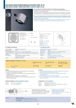 HALOGEN-MASCHINENEINBAULEUCHTEN 50W, IP 65
HALOGEN SHORT-ARM MACHINE LIGHTS 50W, IP 65
                                                                    Kurzarmleuchte mit hoher Schutzart zum Einbau in Innenräume
                                                                    von Maschinen, Bearbeitungszentren etc. mit rauen Umgebungsbedingungen wie
                                                                    Kühlmitteln, Öl und Metallspänen.
                                                                    Auch über größere Entfernungen genügend Licht auf dem Arbeitsfeld für schwierige
                                                                    Sehaufgaben wie Einstellarbeiten oder optische Kontrolle von Fertigungsprozessen.

                                                                    Short-arm lighting fixture with high class of protection for installation inside
                                                                    of machine tools or machining centres even with harsh ambient conditions like coo-
                                                                    lants, lubricants, chips and swarf.
                                                                    Provides enough light at the working area for critical visual tasks even over greater
                                                                    distances, e.g. adjusting a machine or monitoring a production process.




                                 Isoluxdiagramm,          IP 65
                                 Meßabstand 50 cm                                 1 x QT 12-LP ax, 12V/50W
                                 Isolux map at 50 cm                              (ILCOS:
                                                          1,5 kg
                                 above surface                                    HSGST/C/UB-50-12)
                                                                                  GY 6,35
                                                          12V / 24V AC/DC
                                 12V = E(lx) x 1,0                                950 lm (271.95.50)
                                 24V = E(lx) x 0,9

                                                                                  1 x QT 12 ax, 24V/50W
                                                                                  (ILCOS:
                                                                                  HSGT/C/UB-50-24)
                                                                                  GY 6,35
                                                                                  850 lm (271.95.51)

TECHNISCHE DATEN                                                                  TECHNICAL DATA
Lichtverteilung        mittelbreit, symmetrisch                                   Light distribution   mid beam, symmetric
Betriebsgerät          ohne                                                       Transformer          without
Netzanschlussleitung   ca. 1,5 m 2 x 1,0 mm2 ohne Stecker                         Mains lead           approx. 2m lead 2x1,0 mm2 without plug
Lampenabdeckung        temperatur-wechselbeständiges Sicherheitsglas, klar        Lamp cover           toughened glass cover, clear
Schalter               ohne                                                       Switch               without
Befestigung            Universalflansch 60x60 mm (inkl.)                          Mounting             universal base 60x60 mm (incl.),
                       weitere siehe Zubehör                                                           for further options refer to accessories
Farbe                  alusilber RAL 9006                                         Colour               alu-silver RAL 9006

 BESTELLDATEN / PRODUCT CODES
                                                                  Art.-Nr. /Art.-No.           Art.-Nr. /Art.-No.              Art.-Nr. /Art.-No.
                                                                  12V                          24V                             Sep. Trafo 12V/230V

            inkl. Leuchtmittel                                    271.95.90                    271.95.91                       206.00
            incl. lamp

Aufbau:                                                                       Design:
• Konzentriertes Halogenlicht durch glanzeloxierten Rundreflektor.            • Concentrated halogen light by a specular anodised round reflector.
• Robustes Friktionsgelenk, Druckguß.                                         • Sturdy friction joint made of die-cast metal.
• Verrippter Leuchtenkopf aus Alu-Druckguß mit angenehm geringer              • The finned lighting head made of die-cast aluminium remains
  Außentemperatur.                                                              comfortably cool.
• Stabiler Griff aus schlagfestem Kunststoff (GFK).                           • Handy, stable grip made of reinforced plastic.
• Betrieb entweder an separatem Sicherheitstrafo oder direkt an der           • For connection with a remote safety transformer or the low voltage
  Maschinenspannung.                                                            source of a machine.


ERSATZLAMPEN / REPLACEMENT LAMPS                                              ZUBEHÖR / ACCESSORIES
379.00      QT 12-LP ax, 12V/50W                                              002.95        Wandwinkel / Wall bracket
379.01      QT 12 ax, 24V/50W                                                 004.95        Tischklemme 16 - 85 mm / Table clamp, 16 - 85 mm
                                                                              008.95        Magnetfuß / magnetic base



                                                             Transformator für 12V-Version                     Transformer for 12V-version
                                               IP 65         Externer Sicherheitstrafo 12V/230V/50VA           Separate safety transformer
                                                             vergossen, komplett mit 1,5m Netzzulei-           12V/230V/50VA resin, with 1,5 m mains
                                                             tung und Konturenstecker (IP 20)                  lead with plug (IP 20)



OPTION                  Mattierte Scheibe,
                        Version für Kaltlichtspiegellampe QR-CB 51, GU 5.3
                        Frosted glass
                        Also available for cool beam lamp MR 16, socket GU 5.3


                                                                           15
 