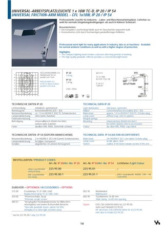 UNIVERSAL-ARBEITSPLATZLEUCHTE 1 x 18W TC-D, IP 20 / IP 54
UNIVERSAL FRICTION-ARM MODEL - CFL 1x18W, IP 20 / IP 54
                                                    Professionelle Leuchte für Industrie- , Labor- und Maschinenarbeitsplätze. Lieferbar so-
                                                    wohl für normale Umgebungsbedingungen, als auch in höherer Schutzart.

                                                    Besonderheiten:
                                                    • Der kompakte Leuchtenkopf bleibt auch im Dauerbetrieb angenehm kühl
                                                    • Konzentriertes Licht durch hochwertigen parabolförmigen Reflektor




                                                    Professional work light for many applications in industry, labs or at machines . Available
                                                    for normal ambient conditions as well as with a higher degree of protection.

                                                    Highlights:
                                                    • The compact lighting head remains cool even after long periods of working
                                                    • The high quality parabolic reflector provides a concentrated light beam




                              ISOLUXDIAGRAMM 223           IP 20
                              Meßabstand 50 cm             3,0 kg
                              parallel zum Tisch                                          TC-D 18W
                                                           IP 54                          (ILCOS: FSQ-18)
                              ISOLUX MAP 223               3,4 kg
                              at 50 cm above surface -                                    G 24 d-2
                              parallel to the desk                                        1200 lm
                                                           230V~/50Hz




TECHNISCHE DATEN IP 20                                                      TECHNICAL DATA IP 20
Lichtverteilung         mittelbreit, symmetrisch                            Light distribution       mid beam, symmetric
Betriebsgerät           konventionell/VVG (EEI = B2)                        Ballast                  conventional low loss ballast (EEI = B2)
Netzanschlussleitung    ca. 1,5 m H03VV-F 3G0,75, Schukostecker             Mains lead               approx. 1,5 m H03VV-F 3G0,75, Schuko-plug
Lampenabdeckung         ohne (siehe Zubehör)                                Lamp cover               without resp. refer to options
Federunterstützung      -                                                   Integral springs         -
Befestigung             Universalflansch 60x60 mm (inkl.)                   Mounting                 Universal base 60x60 mm (incl.)
                        weitere siehe Zubehör                                                        for further options refer to accessories
Farbe                   alusilber RAL 9006, Seitenteile schwarz             Colour                   alu-silver RAL 9006, caps black


TECHNISCHE DATEN IP 54 (SOFERN ABWEICHEND)                                  TECHNICAL DATA IP 54 (AS FAR AS DIFFERENT)
Netzanschlussleitung    2 m H05RN-F 3G1 mit Gummi-Schukostecker             Mains lead               2m H05RN-F 3G1 c/w rubber Schuko-plug
Lampenabdeckung         Acrylglas, transparent                              Lamp cover               acrylic glass, clear
Schalter                abgedichtet, im unteren Armsegment                  Switch                   sealed, in the lower tubular section of the arm




 BESTELLDATEN / PRODUCT CODES
                         Art.-Nr. IP 20/Art.-No. IP 20                      Art.-Nr. IP 54/Art.-No. IP 54       Lichtfarbe /Light Colour

                 ohne Leuchtmittel      223.95.00                           223.95.01                           x
                 without lamp
                 inkl. Leuchtmittel     223.95.00.1                         223.95.01.1                         840 / neutralweiß, 4000K, CRI = 1B
                 incl. lamp                                                                                     cool white



ZUBEHÖR + OPTIONEN / ACCESSORIES + OPTIONS
375.00       Ersatzlampe TC-D 18W / 840                                     002.95        Wandwinkel
             Replacement lamp TC-D 18W / 840                                              Wall bracket
354.05       *Prismenscheibe, Acryl.                                        004.95        Tischklemme 16-85 mm
             *Prismatic acrylic screen.                                                   Table clamp, 16-85 mm opening
385.01       *Verspiegelter Parabolwabenraster für Bildschirm-
             arbeitsplätze und andere lichtsensible Bereiche.               Option        EVG 230-240V/50-60Hz für 223.95.00,
             *Specular parabolic louvre, plastic for VDU                                  siehe auch Modell 223.95.02
             workplaces or other light sensitive areas.                                   HF-electronic 230-240V/50-60Hz for #223.95.00,
                                                                                          refer also to model 223.95.02
* nur für 223.95.00 / only 223.95.00


                                                                         18
 