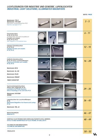 LICHTLÖSUNGEN FÜR INDUSTRIE UND GEWERBE, LUPENLEUCHTEN
INDUSTRIAL LIGHT SOLUTIONS, ILLUMINATED MAGNIFIERS

                                                         SEITE / PAGE



Batztronic T70 C
Batztronic T70 LED                                         3-5
Maschinen-Schutzrohrleuchten IP67
Machine tube lights IP 67




Flexarmleuchten                                           6 - 11
IP 20, IP 54, IP 65
mit Magnetfuß oder Aufschraubflansch
Flexible-arm models
IP 20, IP 54, IP 65
with magnetic or screwdown base


Halogen-Gelenkleuchten
IP 54, IP 65                                              12 - 15
Halogen friction-arm models
IP 54, IP 65




Kaltlicht-Gelenkleuchten
IP 20, IP 54 für Leuchtstofflampen
Fluorescent friction-arm models
                                                          16 - 28
IP 20, IP 54


Batztronic M18

Batztronic 36, 80

Batztronic PLUS

Batztronic PROOF

TAKE5 DESKTOP



Systemarbeitsplatzleuchten
Anbau oder Zugpendel, IP 20
Luminaires for Profile Systems                            29 - 35
Direct mounting or rise-and-fall, IP 20

Batztronic SYSTEM
WORK


Lupenleuchten für Leuchtstofflampen
IP 20                                                     36 - 45
Illuminated Magnifiers for Fluorescent Lamps,
IP 20

Batztronic TRL 22



BEFESTIGUNGEN
BRACKETS
                                                          46 - 47

VORTEILE ELEKTRONISCHER VORSCHALTGERÄTE (EVG), DIMMEN
EFFECTS AND ADVANTAGES OF ELECTRONIC HF-BALLASTS
                                                          48 - 49

TECHNISCHE INFORMATIONEN
TECHNICAL INFORMATION


PREISLISTE
                                                          50 - 52
                                                   2
 
