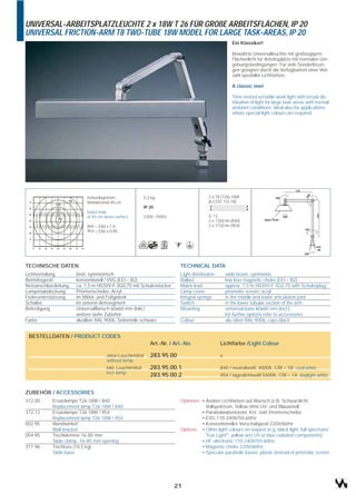 UNIVERSAL-ARBEITSPLATZLEUCHTE 2 x 18W T 26 FÜR GROßE ARBEITSFLÄCHEN, IP 20
UNIVERSAL FRICTION-ARM T8 TWO-TUBE 18W MODEL FOR LARGE TASK-AREAS, IP 20
                                                                                                      Ein Klassiker!

                                                                                                      Bewährte Universalleuchte mit großzügigem
                                                                                                      Flächenlicht für Arbeitsplätze mit normalen Um-
                                                                                                      gebungsbedingungen. Für viele Sonderlösun-
                                                                                                      gen geeignet durch die Verfügbarkeit einer Viel-
                                                                                                      zahl spezieller Lichtfarben.

                                                                                                      A classic one!

                                                                                                      Time-tested versatile work light with broad dis-
                                                                                                      tribution of light for large task-areas with normal
                                                                                                      ambient conditions. Ideal also for applications
                                                                                                      where special light colours are required.




                           Isoluxdiagramm,                 5,3 kg                        2 x T8 (T26) 18W
                           Meßabstand 40 cm                                              (ILCOS: FD-18)
                                                           IP 20
                           Isolux map
                           at 40 cm above surface          230V~/50Hz                    G 13
                                                                                         2 x 1350 lm (840)
                           840 = E(lx) x 1,0                                             2 x 1150 lm (954)
                           954 = E(lx) x 0,85




TECHNISCHE DATEN                                                           TECHNICAL DATA
Lichtverteilung        breit, symmetrisch                                  Light distribution       wide beam, symmetric
Betriebsgerät          konventionell / VVG (EEI = B2)                      Ballast                  low loss magnetic choke (EEI = B2)
Netzanschlussleitung   ca. 1,5 m H03VV-F 3G0,75 mit Schukostecker          Mains lead               approx. 1,5 m H03VV-F 3G0,75 with Schukoplug
Lampenabdeckung        Prismenscheibe, Acryl                               Lamp cover               prismatic screen, acryl
Federunterstützung     im Mittel- und Fußgelenk                            Integral springs         in the middle and lower articulation joint
Schalter               im unteren Armsegment                               Switch                   in the lower tubular section of the arm
Befestigung            Universalflansch 60x60 mm (inkl.)                   Mounting                 universal base 60x60 mm (incl.),
                       weitere siehe Zubehör                                                        for further options refer to accessories
Farbe                  alusilber RAL 9006, Seitenteile schwarz             Colour                   alu-silver RAL 9006, caps black


 BESTELLDATEN / PRODUCT CODES
                                                              Art.-Nr. / Art.-No.               Lichtfarbe /Light Colour

                                      ohne Leuchtmittel       283.95.00                         x
                                      without lamp
                                      inkl. Leuchtmittel      283.95.00.1                       840 / neutralweiß, 4000K, CRI = 1B cool white
                                      incl. lamp
                                                              283.95.00.2                       954 / tageslichtweiß 5400K, CRI = 1A daylight white


ZUBEHÖR / ACCESSORIES
372.00      Ersatzlampe T26 18W / 840                                      Optionen • Andere Lichtfarben auf Wunsch (z.B. Schwarzlicht,
            Replacement lamp T26 18W / 840                                          • Vollspektrum, Yellow ohne UV- und Blauanteil)
372.12      Ersatzlampe T26 18W / 954                                               • Parabolwabenraster, Kst. statt Prismenscheibe
            Replacement lamp T26 18W / 954                                          • EVG 110-240V/50-60Hz
002.95      Wandwinkel                                                              • Konventionelles Vorschaltgerät 220V/60Hz
            Wall bracket                                                   Options • Other light colours on request (e.g. black light, full spectrum/
004.95      Tischklemme 16-85 mm                                                    • True Light®, yellow w/o UV or blue radiation components)
            Table clamp, 16-85 mm opening                                           • HF-electronic 110-240V/50-60Hz
317.96      Tischfuss (10,5 kg)                                                     • Magnetic choke 220V/60Hz
            Table base                                                              • Specular parabolic louvre, plastic instead of prismatic screen




                                                                        21
 