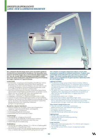 GROSSFELDLUPENLEUCHTE
LARGE-VIEW ILLUMINATED MAGNIFIER




Die 3-Dioptrien-Rechtecklupe bietet einen wesentlich größeren               The 3-diopter rectangular-shaped lens allows a much wider
Sichtbereich als herkömmliche Rundlinsen. Der Anwender kann                 viewing area compared to standard round lenses. It allows more
bequem mit beiden Augen das zu betrachtende Objekt begutach-                comfortable vision with both eyes and reduces eyestrain and
ten, was die visuelle Wahrnehmungsgeschwindigkeit steigert.                 fatigue. The visual scanning speed increases because more
Durch den hohen Sehkomfort sinkt die Belastung und Ermüdung                 surface area is magnified at any given position. Optionally availa-
der Augen. Optional mit Tageslichtlampe.                                    ble with Daylight lamp.
Lichttechnik                                                                Lighting technique
• Die lichtstarke, energiesparende Kompaktleuchtstofflampe 18 W ist         • The powerful, energy-saving compact fluorescent lamp 18Watt is
  quer hinter Linse angeordnet und auf deren Breite abgestimmt.               exactly positioned behind the lens. In combination with an anodised
  In Verbindung mit einem eloxierten Reflektor wird eine selbst für sehr      reflector a proper level of illumination is achieved, sufficient even for
  schwierige Sehaufgaben ausreichende Beleuchtungsstärke erzielt,             very difficult visual tasks, up to 2800 lx (30 cm distance,
  bis zu 2800 lx (bei 30 cm Abstand, Lichtfarbe 840).                         light colour 840).
• Durch diese Anordnung kann zwischen schattenfreier Beleuchtung            • This allows for a choice between even, shadow-free illumination or a
  oder bewußter Schattenbildung gewählt werden, je nachdem, ob ein            highlighting effect, depending upon whether the user positions an
  Objekt unter die Lichtquelle oder etwas davor gehalten wird.                object directly under the light source or slightly away from it.
• Kaltes Licht - angenehm geringe Wärmeabgabe.                              • Cool operation.
• Langlebiges Leuchtmittel, ca. 8000 Brennstunden (EVG 12.000).             • Avarage lamp life 8000 h (HF 12 000h).
• Gute bis sehr gute Farbwidergabeeigenschaften, je nach Lichtfarbe.        • Very good colour rendition, depending on light colour.
• Wahlweise mit verlustarmem Vorschaltgerät in konventioneller Technik      • Alternatively with magnetic choke representing conventional technique
  (50 Hz, mit Starter) oder elektronisch für noch höheren Sehkomfort          (50 Hz, with starter) or HF-electronic for improved visual comfort
  (absolut flimmerfreis Licht, flackerfreier Sofortstart,                     (absolutely flicker-free light, instant start, lower energy consumption).
  geringerer Energieverbrauch).
                                                                            Time-tested, sturdy friction-arm
Bewährter, robuster Gelenkarm                                               • Three die-cast joints with tension control knobs.
• Robuste Gelenke aus Druckguß, Friktion durch Flügelmuttern                  Middle and base joint with additional integral springs.
  regulierbar. Federunterstütztes Mittel- und Fußgelenk.                    • Easy going - 6 movements.
• Leicht verstellbar - 6 Drehachsen                                         • No sagging, vibrations are damped.
• Schwingungsdämpfende Konstruktion.                                        • Sleek all-metal design without exposed springs.
• Ganzmetall, keine hervorstehenden Federn.
                                                                            Lighting head
Leuchtenkopf                                                                • Durable: high impact ABS resin.
• Unempfindlicher, schlagfester Kunststoff                                  • 3-D-articulation point for individual positioning.
• 3-D-Gelenk erlaubt individuelle Positionierung in 3 Achsen                • Ergonomic design.
• Ergonomisch geformt mit Greifzonen neben der Linse                        • With lens cover as standard
• Serienmäßig mit Linsenabdeckung
                                                                            Large view lens
Großfeldlinse                                                               • High quality, crown optical glass lens 171 x 108 mm with 3 diopters.
• Hochwertige, geschliffene Glaslupe 171 x 108 mm in Optikerqualität          (175% bigger than object)
  mit 3 Dioptrien. (= Vergrößerung 175%)                                    • The minimal curvature of lens ensures virtually imperceptible
• Die Verzerrung ist durch die sehr geringe Oberflächenkrümmung der           distortion.
  Linse so minimal, daß sie praktisch nicht wahrgenommen wird.


                                                                           42
 