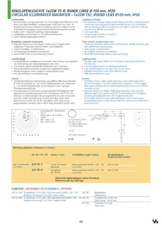 RINGLUPENLEUCHTE 1x22W T5-R, RUNDE LINSE Ø 150 mm, IP20
CIRCULAR ILLUMINATED MAGNIFIER - 1x22W T5C, ROUND LENS Ø150 mm, IP20
Lichttechnik                                                                                 Lighting technique
• Die lichtstarke, energiesparende T5 (T16)-Ringleuchtstofflampe 22 W                        • The powerful, energy-saving circline fluorescent lamp 22Watt provides
  liefert sehr gleichmäßiges, schattenfreies Licht unter der Linse. In                         a very even and shadow-free light beneath the lens. In combination
  Verbindung mit einem eloxierten Reflektor wird eine selbst für sehr                          with an anodised reflector a proper level of light is achieved, sufficient
  schwierige Sehaufgaben ausreichende Beleuchtungsstärke erzielt.                              even for very difficult visual tasks.
• Kaltes Licht - angenehm geringe Wärmeabgabe.                                               • Cool operation.
• Langlebiges Leuchtmittel, ca. 16.000 Brennstunden.                                         • Long average lamp life of 16000 h.
• Gute Farbwidergabeeigenschaften.                                                           • Good colour rendition.

Bewährter, robuster Gelenkarm                                                                Time-tested, sturdy friction-arm
• Robuste Gelenke aus Druckguß, Friktion durch Flügelmuttern                                 • Three die-cast joints with tension control knobs. Middle and base joint
  regulierbar. Federunterstütztes Mittel- und Fußgelenk.                                       with additional integral springs.
• Leicht verstellbar - 6 Drehachsen.                                                         • Easy going - 6 movements.
• Schwingungsdämpfende Konstruktion.                                                         • No sagging, vibrations are damped.
• Ganzmetall, keine hervorstehenden Federn.                                                  • Sleek all-metal design without exposed springs.

Leuchtenkopf                                                                                 Lighting head
• Unempfindlicher, schlagfester Kunststoff, matt-schwarz durchgefärbt                        • Durable: high impact ABS resin, matt black, preventing reflections
  zur Vermeidung von Einspiegelungen in die Linse.                                             into the lens.
• 3-D-Gelenk erlaubt individuelle Positionierung in 3 Achsen.                                • 3-D-articulation point for individual positioning.
• Flache Bauhöhe für leichten Zugriff zum vergrößerten Objekt.                               • Low overall height lets you get close to your work.
• Bündig integrierte, leicht mattierte Lampenabdeckung.                                      • Slightly frosted lamp cover, flush with the head.
• Incl. abnehmbarer Linsenabdeckung.                                                         • With removeable lens cover.

Linsen                                                                                       Lenses
• Standardausführung: Hochwertige, geschliffene Bikonvex-Glaslupe                            • Standard version: High quality, biconvex crown optical glass lens
  Ø 150 mm (sichtbar ca. 145 mm) in Optikerqualität mit 3 Dioptrien                            Ø 150 mm (approx. 145 mm visible) with 3 diopters (= 175% bigger
  (= 1,75-fache Vergrößerung). Verzerrungsarm durch geringe                                    than object). Nearly without optical distortion because of the minimal
  Oberflächenkrümmung.                                                                         curvature of lens.
• Sonderlösung: Für besonders anspruchsvolle Prüfaufgaben sind                               • Special solution: For highly challenging inspection tasks we offer
  aplanatische Glaslinsensysteme mit 2-8 Dioptrien mit Ø 125 mm                                aplanatic glass lens systems with Ø 125 mm between 2-8 diopters,
  lieferbar. Es bietet absolute Verzerrungsfreiheit bis zum Linsenrand                         providing absolutly distortion-free magnification even
  auch bei starke Vergrößerung. Erreicht wird dies durch zwei                                  at the edge of the lens even with high power. This is achieved by
  plankonvexe Linsen, die mit der gewölbten Seite nach innen                                   mounting two plano-convex lenses with the curved sides inside into a
  gegeneinander montiert und in einem Ring staubdicht gefaßt sind.                             dust-proof ring.


                 800
                                                Isoluxdiagramm, Meßabstand
                        1000
 70
                1200
                                                30 cm
                        1400                    Isolux map at 30 cm above
 60             1600    1800
                2000                            surface
 50                     2200
                     2400
                                                840 = E(lx) x 1,0            1x T5-R 22W / 2GX13
 40                                             865 = E(lx) x 0,94           (ILCOS: FC-22)
 30
                                                                             1 x 1800 lm (840, 830)
                                                                             1 x 1700 lm (865)
 20

 10                                                                          3,5 kg

      10   20   30     40   50   60   70   cm                                220-240V~/50-60Hz

                                                                             IP 20



 BESTELLDATEN / PRODUCT CODES

                                 Art.-Nr. / Art.-No.       Linse / Lens          Lichtfarbe /Light Colour                 Ersatzlampen
                                                                                                                          Replacement lamps


  inkl. Leuchtmittel             225.95-3                  3-Dio, Ø 150mm,       840 neutralweiß 4000K, CRI = 1B          383.22.840
  incl. lamp                                               bikonvex              cool white
                                 225.95-A                  für aplanat           840 neutralweiß 4000K, CRI = 1B          383.22.840
                                                           Ø 125mm               cool white

                                                               Übersicht Aplanatlupen siehe Preisliste
                                                               Dimmversion auf Anfrage


ZUBEHÖR + OPTIONEN / ACCESSORIES + OPTIONS
383.22.830 Ersatzlampe T5-R 22W / 830 warmweiß 3000K, CRI = 1B       002.95                               Wandwinkel
           Replacement lamp T5-R 22W / warm white                                                         Wall bracket
383.22.865 Ersatzlampe T5-R 22W / 865 tageslichtweiß 6500K, CRI = 1B 004.95                               Tischklemme 16-85 mm
           Replacement lamp T5-R 22W / daylight white                                                     Table clamp, 16-85 mm
                                                                     317.96                               Tischfuss (10,5 kg)
                                                                                                          Table base




                                                                                         45
 