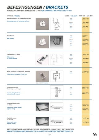BEFESTIGUNGEN / BRACKETS
FÜR LEUCHTEN MIT EINSTECKBOLZEN Ø 13 mm/ FOR LUMINAIRES WITH PIVOT PIN Ø 13 mm


MODELL / MODEL                                                                FARBE / COLOUR   ART.-NR. / ART.-NO.
Aufschraubflansch für waagrechte Flächen                                           weiß
                                                                                   white
                                                                                                   301.10
Screwdown base for horizontal surfaces
                                                                                  schwarz
                                                                                   black
                                                                                                   301.90
                                                                                   silber
                                                                                   silver
                                                                                                   301.95



Wandflansch                                                                        weiß
                                                                                   white
                                                                                                   302.11
Wall bracket
                                                                                  schwarz
                                                                                   black
                                                                                                   302.90
                                                                                   silber
                                                                                   silver
                                                                                                   302.95




Tischklemme 0 - 75mm                                                               weiß
                                                                                   white
                                                                                                   304.10
Table clamp
0 -75 mm opening                                                                  schwarz
                                                                                   black
                                                                                                   304.90
                                                                                   silber
                                                                                   silver
                                                                                                   304.95



Breite, verstärkte Tischklemme 16-85mm                                             weiß
                                                                                   white
                                                                                                   349.10
Table clamp “heavy duty” 16-85 mm




                                           Abb. ähnlich / Pict similar


Tischeinlassbuchse                                                                 weiß
(Sonderlängen auf Anfrage)                                                         white
                                                                                                   001.10

Insert bushing for desks                                                           silber
(other lengths on request)                                                         silver
                                                                                                   001.95




Tischfuß, mittelschwer
ca. 7,5 kg                                                                         weiß
                                                                                   white
                                                                                                   305.10
Table base, middle-weight
approx. 7,5 kg                                                                     silber
                                                                                   silver
                                                                                                   305.95



Tischfuß, schwer                                                                   weiß
ca. 10,5 kg                                                                        white
                                                                                                   317.10
Heavy table base                                                                   silber
approx. 10,5 kg                                                                    silver
                                                                                                   317.95


BEFESTIGUNGEN FÜR SCHUTZROHRLEUCHTEN SIEHE ENTSPR. PRODUKTSEITE BATZTRONIC T70
BRACKETS FOR MACHINE TUBE LIGHTS Ø 70 mmREFER TO CATALOGUE PAGE BATZTRONIC T70

                                                                         47
 