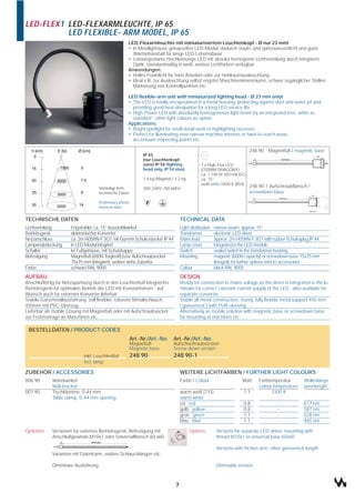 LED-FLEX1 LED-FLEXARMLEUCHTE, IP 65
          LED FLEXIBLE- ARM MODEL, IP 65
                                                   LED-Flexarmleuchte mit miniaturisiertem Leuchtenkopf - Ø nur 23 mm!
                                                   • In Metallgehäuse gekapseltes LED-Modul, dadurch staub- und spritzwasserdicht und guter
                                                     Wärmehaushalt für lange LED-Lebensdauer
                                                   • Leistungsstarke Hochleistungs-LED mit absolut homogener Lichtverteilung durch integrierte
                                                     Optik, standardmäßig in weiß, weitere Lichtfarben verfügbar
                                                   Anwendungen:
                                                   • Helles Punktlicht für feine Arbeiten oder zur Hohlraumausleuchtung
                                                   • Ideal z.B. zur Ausleuchtung selbst engster Maschineninnenräume, schwer zugänglicher Stellen,
                                                     Markierung von Kontrollpunkten etc.

                                                   LED flexible-arm unit with miniaturized lighting head - Ø 23 mm only!
                                                   • The LED is totally encapsulated in a metal housing, protecting against dust and water jet and
                                                     providing good heat dissipation for a long LED service-life
                                                   • High-Power LED with absolutely homogeneous light beam by an integrated lens, white as
                                                     standard - other light colours as option
                                                   Applications:
                                                   • Bright spotlight for small detail work or highlighting recesses
                                                   • Perfect for illuminating even narrow machine interiors or hard-to-reach areas,
                                                     accentuate inspecting points etc.

                                                                                                                         248.90 Magnetfuß / magnetic base
                                                             IP 65
                                                             (nur Leuchtenkopf,
                                                             sonst IP 54 /lighting             1 x High-Flux LED
                                                             head only, IP 54 else)            (OSRAM DRAGON®)
                                                                                               ca. 1,1W (@ 350 mA DC)
                                                             1,4 kg (Magnet) / 1,2 kg          ca. 15°
                                                                                               weiß white 5400 K (854)
                                   Vorläufige licht-         200-240V~/50-60Hz                                           248.90-1 Aufschraubflansch /
                                   technische Daten                                                                      screwdown base

                                   Preliminary photo-
                                   metrical data


TECHNISCHE DATEN                                                                   TECHNICAL DATA
Lichtverteilung      Engstrahler, ca. 15° Ausstrahlwinkel                          Light distribution   narrow-beam, approx. 15°
Betriebsgerät        elektronischer Konverter                                      Transformer          electronic LED-driver
Netzanschluss        ca. 2m H05RN-F 3G1 mit Gummi-Schukostecker IP 44              Mains lead           approx. 2m H05RN-F 3G1 with rubber Schukoplug IP 44
Lampenabdeckung      in LED-Modul integriert                                       Lamp cover           integrated in the LED-module
Schalter             im Fußgehäuse, mit Schutzkappe                                Switch               sealed switch in the transformer housing
Befestigung          Magnetfuß (600N Tragkraft) bzw. Aufschraubsockel              Mounting             magnetic (600N capacity) or screwdown base 75x75 mm
                     75x75 mm (integriert), weitere siehe Zubehör                                       (integral), for further options refer to accessories
Farbe                schwarz RAL 9005                                              Colour               black RAL 9005
AUFBAU                                                                             DESIGN
Anschlußfertig für Netzspannung durch in den Leuchtenfuß integriertes              Ready for connection to mains voltage as the driver is integrated in the lu-
Betriebsgerät für optimalen Betrieb der LED mit Konstantstrom - auf                minaire for correct constant current supply of the LED - also available for
Wunsch auch für externen Konverter lieferbar                                       separate converter.
Stabile Ganzmetallausführung. voll flexibler, robuster Metallschlauch              Stable all-metal construction, sturdy, fully flexible metal support 450 mm
450mm mit PVC-Überzug.                                                             ('gooseneck') with PUR-sleeving.
Lieferbar als mobile Lösung mit Magnetfuß oder mit Aufschraubsockel                Alternatively as mobile solution with magnetic base or screwdown base
zur Festmontage an Maschinen etc.                                                  for mounting at machines etc.

 BESTELLDATEN / PRODUCT CODES
                                                       Art.-Nr./Art.-No.      Art.-Nr./Art.-No.
                                                       Magnetfuß              Aufschschraubversion
                                                       Magnetic base          Screw-down version
                            inkl. Leuchtmittel         248.90                 248.90-1
                            incl. lamp

ZUBEHÖR / ACCESSORIES                                                              WEITERE LICHTFARBEN / FURTHER LIGHT COLOURS
006.90       Wandwinkel                                                            Farbe / Colour                    Watt     Farbtemperatur        Wellenlänge
             Wall bracket                                                                                                     colour temperature    wavelength
007.90       Tischklemme, 0-44 mm                                                  warm weiß (733)                    1,1           3300 K          -
             Table clamp, 0-44 mm opening                                          warm white
                                                                                   rot red                            0,8              -            617 nm
                                                                                   gelb yellow                        0,8              -            587 nm
                                                                                   grün green                         1,1              -            528 nm
                                                                                   blau blue                          1,1              -            465 nm

Optionen     Versionen für externes Betriebsgerät, Befestigung mit                      Options          Versions for separate LED-driver, mounting with
             Anschlußgewinde M10x1 oder Universalflansch 60 x60                                          thread M10x1 or universal base 60x60

                                                                                                         Versions with friction-arm, other gooseneck length
             Varianten mit Gelenkarm, andere Schlauchlängen etc.

             Dimmbare Ausführung                                                                         Dimmable version



                                                                               7
 