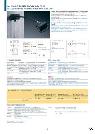 HALOGEN-FLEXARMLEUCHTE 20W, IP 54
HALOGEN MODEL WITH FLEXIBLE ARM 20W, IP 54
                                                                                           Staub- und spritzwassergeschützte Halogen-Flexarmleuchte
                                                                                           wahlweise als mobile Lösung mit Magnetfuß oder mit Aufschraub-
                                                                                           sockel zur Festmontage an Maschinen etc.
                                                                                           Helles, punktgenaues Licht für feine Arbeiten oder zur Hohlraum-
                                                                                           ausleuchtung.
                                                                                           Anschlußfertig für 230V Netzspannung durch in den Leuchtenfuß
                                                                                           integrierten Transformator.

                                                                                           Halogen flexible-arm unit protected against dust and water
                                                                                           spray.
                                                                                           Alternatively as mobile solution with magnetic base or screw-down
                                                                                           base for mounting at machines etc.
                                                                                           Bright, precise spotlight for small detail work highlighting recesses.
                                                                                           Ready for connection to 230V mains voltage as the transformer is
                                                                                           integrated in the base of the luminaire.




                                                                                              1 x QR CBC 35 (MR 11)
                                 Lichtkegeldiagramm           IP 54                           12V/20W
                                 Engstrahler                                                  10° (3200cd)
                                 Beam diagram 10°             UV-STOP                         38° (500 cd)
                                                                                              GU 4
                                 274.90 / 274.90-1            230V~/50-60Hz                   (ILCOS:
                                                                                              HRGS/UB-20-12-GU4-35...)
                                 Lichtkegeldiagramm
                                                              2,2 kg (Magnet) / 2,0 kg
                                 Breitstrahler
                                 Beam diagram 38°
                                 274.91 / 274.91-1



TECHNISCHE DATEN                                                                     TECHNICAL DATA
Lichtverteilung        Engstrahler 10° oder Breitstrahler 38° Ausstrahlwinkel        Light distribution   narrow-beam 10° or wide-beam 38°
Betriebsgerät          elektronischer Transformator                                  Transformer          elctronic transformer
Netzanschlussleitung   ca. 2m H05RN-F 3G1 mit Gummi-Schukostecker                    Mains lead           approx. 2m H05RN-F 3G1 with rubber Schukoplug
Lampenabdeckung        temperatur-wechselbeständiges Sicherheitsglas, klar           Lamp cover           toughened glass cover, clear
Schalter               im Trafogehäuse, mit Schutzkappe                              Switch               sealed switch in the transformer housing
Befestigung            Magnetfuß (600N Tragkraft) bzw. Aufschraubsockel              Mounting             magnetic (600N capacity) or screw-down base
                       75x75 mm (integriert), weitere siehe Zubehör                                       75x75 mm (integral), for further options refer to accessories
Farbe                  schwarz RAL 9005                                              Colour               black RAL 9005


AUFBAU                                                                               DESIGN
Inkl. Kaltlichtspiegellampe Ø 35 mm mit integriertem Schutzglas.                     C/w dichroic halogenlamp MR 11 with integrated glass cover.
Stabile Ganzmetallausführung.                                                        Stable all-metal construction.
Voll flexibler, robuster Metallschlauch 300mm.                                       Sturdy, fully flexible metal support 300 mm ('gooseneck').
Leicht verstellbar durch zusätzliches Dreh-Kippgelenk und Griff am Kopf.             Easy to adjust: Lighting head with grip + additional turn and tip-over articulation.
Werkzeugloser Lampenwechsel.                                                         Lamp change without tools.



 BESTELLDATEN / PRODUCT CODES

                                                       Art.-Nr./Art.-No. Art.-Nr./Art.-No. Art.-Nr./Art.-No.                              Art.-Nr./Art.-No.
                                                       Magnetfuß, 10°     Magnetfuß, 38°     Aufschschraubversion, 10° Aufschschraubversion, 38°
                                                       Magnetic base, 10° Magnetic base, 38° Screw-down version 10°    Screw-down version 38°
                               inkl. Leuchtmittel      274.90                   274.91                    274.90-1                        274.91-1
                               incl. lamp


ZUBEHÖR / ACCESSORIES
378.2010      Ersatzlampe QR CBC 35 (MR 11) 12V/20W, 10°                             Option         Auf Wunsch ohne Trafo zum Anschluß
              Replacement lamp QR CBC 35 (MR 11) 12V/20W, 10°                                       an 12 bzw. 24V Schutzkleinspannung
378.2038      Ersatzlampe QR CBC 35 (MR 11 12V/20W, 38°
              Replacement lamp QR CBC 35 (MR 11 12V/20W, 38°                                        If required, also available without transformer for 12 or 24V
006.90        *Wandwinkel                                                                           SELV supply
              *Wall bracket
007.90        *Tischklemme, 0-44 mm
              *Table clamp, 0-44 mm opening

*Befestigungen für Aufschraubversion
*brackets for screw-down version




                                                                                 9
 