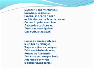 Livre filho das montanhas,
Eu ia bem satisfeito,
Da camisa aberta o peito,
— Pés descalços, braços nus —
Correndo pelas campinas
A roda das cachoeiras,
Atrás das asas ligeiras
Das borboletas azuis!


Naqueles tempos ditosos
Ia colher as pitangas,
Trepava a tirar as mangas,
Brincava à beira do mar;
Rezava às Ave-Marias,
Achava o céu sempre lindo.
Adormecia sorrindo
E despertava a cantar!
 
