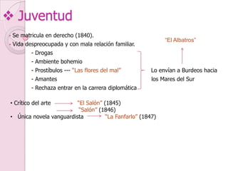  Juventud
• Se matricula en derecho (1840).
• Vida despreocupada y con mala relación familiar.
- Drogas
- Ambiente bohemi...