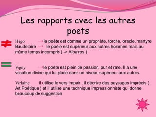 Les rapports avec les autres
              poets
Hugo         le poète est comme un prophète, torche, oracle, martyre
Baudelaire     le poète est supérieur aux autres hommes mais au
même temps incompris ( -> Albatros )


Vigny          le poète est plein de passion, pur et rare. Il a une
vocation divine qui lui place dans un niveau supérieur aux autres.

Verlaine    il utilise le vers impair , il décrive des paysages imprécis (
Art Poétique ) et il utilise une technique impressionniste qui donne
beaucoup de suggestion
 