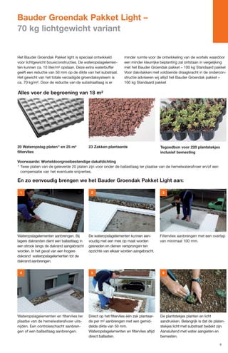 Bauder Groendak Pakket Light –
70 kg lichtgewicht variant


Het Bauder Groendak Pakket light is speciaal ontwikkeld            minder ruimte voor de ontwikkeling van de wortels waardoor
voor lichtgewicht bouwconstructies. De wateropslagelemen-          een minder kleurrijke beplanting zal ontstaan in vergelijking
ten kunnen ca. 10 liter/m² opslaan. Deze extra waterbuffer         met het Bauder Groendak pakket – 100 kg Standaard pakket
geeft een reductie van 50 mm op de dikte van het substraat.        Voor dakvlakken met voldoende draagkracht in de ondercon-
Het gewicht van het totale verzadigde groendaksysteem is           structie adviseren wij altijd het Bauder Groendak pakket –
ca. 70 kg/m². Door de reductie van de substraatlaag is er          100 kg Standaard pakket

Alles voor de begroening van 18 m²




20 Wateropslag platen1) en 25 m²            23 Zakken plantaarde                          Tegoedbon voor 220 plantstekjes
filtervlies                                                                               inclusief bemesting

Voorwaarde: Worteldoorgroeibestendige dakafdichting
1)
   Twee platen van de geleverde 20 platen zijn voor onder de ballastlaag ter plaatse van de hemelwaterafvoer en/of een
   compensatie van het eventuele snijverlies.

En zo eenvoudig brengen we het Bauder Groendak Pakket Light aan:

 1                                           2                                             3




Wateropslagelementen aanbrengen. Bij        De wateropslagelementen kunnen een-           Filtervlies aanbrengen met een overlap
lagere dakranden dient een ballastlaag in   voudig met een mes op maat worden             van minimaal 100 mm.
een strook langs de dakrand aangebracht     gesneden en dienen versprongen ten
worden. In het geval van een hogere         opzichte van elkaar worden aangebracht.
dakrand wateropslagelementen tot de
dakrand aanbrengen.


 4                                           5                                             6




Wateropslagelementen en filtervlies ter     Direct op het filtervlies één zak plantaar-   De plantstekjes planten en licht
plaatse van de hemelwaterafvoer uits-       de per m² aanbrengen met een gemid-           aandrukken. Belangrijk is dat de platen-
nijden. Een controleschacht aanbren-        delde dikte van 50 mm.                        stekjes licht met substraat bedekt zijn.
gen of een ballastlaag aanbrengen.          Wateropslagelementen en filtervlies altijd    Aansluitend met water aangieten en
                                            direct ballasten.                             bemesten.

                                                                                                                              6
 