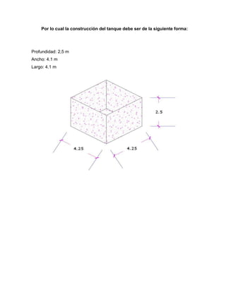 Por lo cual la construcción del tanque debe ser de la siguiente forma:

Profundidad: 2,5 m
Ancho: 4.1 m
Largo: 4.1 m

 