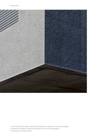 Impressionen

1. Licht-und-Schatten-Spiel auf gestockter Lochfassade, Leibungen und Sturz schalungsglatt.
2. Sichtbeton eingefärbt mit gestockter Oberﬂäche, Untersicht schalungsglatt.
3. Eingang Park mit Glasfront Aula.

 