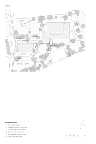 58 | 59

3

2

4

5

1

N

Gesamtsituation
Grundstücksﬂächen
1 Neubau Berufsfachschulhaus
2 Primarschulhaus Schöntal
3 Turnhallen Primarschule
4 Turnhalle Berufsfachschule
5 Foyer Mehrzwecksaal

W
O
S

0

10

20

30

50

 