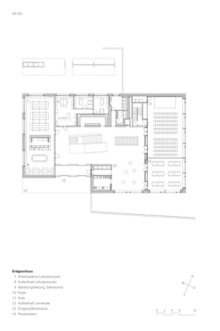 64 | 65

7

9

11

12

8

10

13
14

Erdgeschoss
7 Arbeitsplätze Lehrpersonen
8 Aufenthalt Lehrpersonen
9 Abteilungsleitung, Sekretariat
10 Foyer
11 Aula
12 Aufenthalt Lernende
13 Eingang Bildstrasse
14 Pausenplatz

N
W
O
S

0

2

4

6

10

 