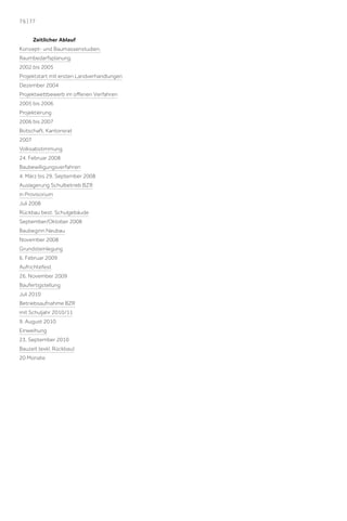 76 | 77
Zeitlicher Ablauf
Konzept- und Baumassenstudien,
Raumbedarfsplanung
2002 bis 2005
Projektstart mit ersten Landverhandlungen
Dezember 2004
Projektwettbewerb im oﬀenen Verfahren
2005 bis 2006
Projektierung
2006 bis 2007
Botschaft, Kantonsrat
2007
Volksabstimmung
24. Februar 2008
Baubewilligungsverfahren
4. März bis 29. September 2008
Auslagerung Schulbetrieb BZR
in Provisorium
Juli 2008
Rückbau best. Schulgebäude
September/Oktober 2008
Baubeginn Neubau
November 2008
Grundsteinlegung
6. Februar 2009
Aufrichtefest
26. November 2009
Baufertigstellung
Juli 2010
Betriebsaufnahme BZR
mit Schuljahr 2010/11
9. August 2010
Einweihung
23. September 2010
Bauzeit (exkl. Rückbau)
20 Monate

 