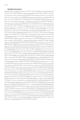 78 | 79
Beteiligte Unternehmen
Altlastensanierung (Asbest) Dekonta  AG, 6072  Sachseln Abbrüche, Baugrubenaushub
A.  Buschor  AG, 9450  Altstätten Baumeisterarbeiten ARGE Finger Niederer Gautschi,
c/o Finger AG, 9450 Lüchingen Gerüste ARGE Finger Niederer Gautschi, c/o Finger AG,
9450 Lüchingen Fenster aus Holz/Metall, Alufenster, Aussentüren aus Metall ARGE Karl
Wüst  AG / GHF Gautschi  AG, c/o Karl Wüst  AG, 9450  Altstätten Brandschutztore Karl
Wüst AG, 9450 Altstätten Spengler- und Bedachungsarbeiten Dawag AG, 9300 Wittenbach Brandschutzverkleidungen AB Brandschutz AG, 8406 Winterthur Raﬄamellenstoren
Schenker Storen  AG, 9470  Buchs Stoﬀstoren Aula Schenker Storen  AG, 9470  Buchs
Elektroinstallationen AZ  Elektro  AG, 9014  St.Gallen Photovoltaikanlage SunTechnics
Fabrisolar AG, 8700 Küsnacht Brandmelde- und Türüberwachungsanlage Securiton AG,
9000 St.Gallen MSRL-Gebäudeautomation Alpiq in Tec Ost AG, 7302 Landquart Heizungsanlage Fürer Installationen AG, 9400 Rorschach Erdsonden Hastag St.Gallen, 9014 St.Gallen
Lüftungsanlagen Alpiq in Tec Ost AG, 8880 Walenstadt Sanitäranlagen Pircher Haustechnik
GmbH, 9056 Gais Dämmungen Ranu Isolierungen AG, 9500 Wil Aufzüge AS Aufzüge AG,
9016  St.Gallen Verputzarbeiten, spezielle Gipserarbeiten Multigips  AG, 9000  St.Gallen
Allgemeine Metallbauarbeiten Karl Wüst AG, 9450 Altstätten Innentüren aus Holz Jegen AG,
8307 Eﬀretikon Allgemeine Schreinerarbeiten (Wandschränke) Urs Thür, 9450 Altstätten
Allgemeine Schreinerarbeiten (Aulaausbau, Einbaumöbel, Simse) V. Burger AG, 9008 St.Gallen Schliessanlage Eugen Koch  AG, 9015  St.Gallen Stapelwand Dorma Schweiz  AG,
9425 Thal Unterlagsböden Steinit AG, 8050 Zürich Fugenlose Bodenbeläge (Hartbeton)
Scheuermann AG, 9403 Goldach Fugenlose Bodenbeläge (Terrazzo) Walo Bertschinger AG,
9010 St.Gallen Beläge aus Linoleum Werner Eugster AG, 9000 St.Gallen Plattenarbeiten
Keller + Cecchinato AG, 9000 St.Gallen Deckenbekleidung aus Metall (Platten) PhonexGema AG, 9015 St.Gallen Deckenbekleidung STOSilent und Gips Multigips AG, 9000 St.Gallen Malerarbeiten Maltech Müller AG, 9000 St.Gallen Bauaustrocknung Krüger + Co. AG,
9113 Degersheim Baureinigung Pronto Reinigung AG, 9000 St.Gallen Leuchten und Lampen
(Normalleuchten) Fluora Leuchten AG, 9101 Herisau Leuchten und Lampen (Sonderleuchten) Tulux AG, 8856 Tuggen Überwachungsanlage Securiton AG, 9000 St.Gallen Bühnenbau
Wyss Bühnenbau AG, 8752 Näfels Gärtnerarbeiten Niklaus Engesser, 9403 Goldach Strassenbauarbeiten (Wege und Plätze) Implenia Bau AG, 9450 Lüchingen Pausenunterstand Karl
Wüst AG, 9450 Altstätten Pﬂanzbecken (Beton) Gebr. Frick AG, 9494 Schaan Aussenmöblierung Metallaesthetik, 9442 Berneck Flaggen Heimgartner Fahnen AG, 9501 Wil Aussenbeleuchtung Nordlux GmbH, 6060 Sarnen Möblierung (Büro-, Lehrer- und Schülertische)
L+S Design + Technics AG, 8580 Sommeri Möblierung (Lehrer- und Schülerstühle) Novex AG,
9500 Wil Möblierung (Klapptische Aula) Hüba AG, 6014 Littau Möblierung (Loungemöbel,
Bürodreh- und Besucherstühle) Brenner & Co., 9500 Wil Möblierung (Aufenthaltsbereich
Schulgeschosse) Zomo-form, 9434 Au Möblierung (Tischsystem Lehrerzimmer und Stauraum) Lista Oﬃce Vertriebs AG, 9015 St.Gallen Wand- und Reihengarderoben EDAK AG,
8447 Dachsen Rollregalanlage Rolltech GmbH, 9105 Schönengrund Innenverdunklung Aula
Griesser AG, 9014 St.Gallen Einsichtschutz Willy Hutter, 9451 Kriessern KlassenzimmerMedienausrüstung Bischoﬀ AG, 9500 Wil Präsentationstechnik Aula (AV-Anlage) Revitec,
9403  Goldach Uhren- und Pausengonganlage, Anzeigesystem BüroTech Spirig  AG,
9442 Berneck Beschriftung Lebrument AG, 9015 St.Gallen

 