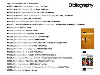 Bibliography Major Theoretical Works by Baudrillard (1996c [1968]),  The System of Objects . London: Verso.  (1998 [1970]),  The Consumer Society . Paris: Gallimard.  (1975 [1973]),  The Mirror of Production . St. Louis: Telos Press.  (1981 [1973]),  For a Critique of the Political Economy of the Sign . St. Louis: Telos Press.  (1983a),  Simulations . New York: Semiotext(e).  (1983b),  In the Shadow of the Silent Majorities . New York: Semiotext(e).  (1983c), "The Ecstacy of Communication," in  The Anti-Aesthetic , ed. Hal Foster. Washington: Bay Press.  (1988),  America . London: Verso.  (1990a),  Cool Memories . London: Verso.  (1990b),  Fatal Strategies . New York: Semiotext(e).  (1993a),  Symbolic Exchange and Death . London: Sage.  (1993b),  The Transparency of Evil . London: Verso.  (1994a),  Simulacra and Simulation . Ann Arbor: The University of Michigan Press.  (1994b),  The Illusion of the End . Oxford: Polity Press.  (1995),  The Gulf War Never Happened . Oxford: Polity Press.  (1996a),  Cool Memories II . Oxford: Polity Press.  (1996b),  The Perfect Crime . London and New York: Verso Books.  (1997),  Fragments: Cool Memories III, 1990-1995 . London and New York: Verso Books.  (2000),  The Vital Illusion . New York: Columbia University Press.  (2001),  Impossible Exchange  (2001). London: Verso.  (2002a),  The Spirit of Terrorism: And Requiem for the Twin Towers . London: Verso.  (2002b),  Screened Out . London: Verso.  