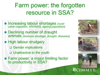  Increasing labour shortages (rural-
urban migration, HIV/AIDS, ageing population)
 Declining number of draught
animals (biomass shortage, drought, diseases)
 High labour drudgery
 Gender implications
 Unattractive to the youth
 Farm power: a major limiting factor
to productivity in SSA?
Farm power: the forgotten
resource in SSA?
 