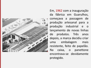 Em, 1962 com a inauguração
da fábrica em Guarulhos,
começava a passagem de
produção artesanal para a
produção industrial e o
lançamento de novas linhas
de produtos. Três anos
depois, a marca decidiu criar
uma embalagem mais
resistente, feito de papelão.
Na caixa, o panettone
encontrava-se devidamente
protegido.
 