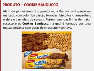PRODUTO – COOKIE BAUDUCCO
Além do pioneirismo dos panetones, a Bauducco disparou no
mercado com colomba pascal, torradas, biscoitos champanhes,
wafers e barrinhas de cereais. Porém, uma das linhas de maior
sucesso é os Cookies Bauducco, na qual é formado por uma
massa crocante com gotas de chocolate Hersheys.
 