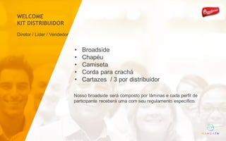 Diretor / Líder / Vendedor
• Broadside
• Chapéu
• Camiseta
• Corda para crachá
• Cartazes / 3 por distribuidor
Nosso broadside será composto por lâminas e cada perfil de
participante receberá uma com seu regulamento específico.
WELCOME
KIT DISTRIBUIDOR
 