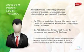 Não sabemos se poderemos premiar em
dinheiro, então essa é uma sugestão que
visa ser atrativa para esse perfil de público:
• Se 70% dos vendedores de cada líder baterem as 3
metas em cada trimestre, eles serão recompensados
com R$ 3 mil reais
• Se 70% baterem as 3 metas nos 6 meses de
campanha, eles ganharão R$ 8 mil reais
* Caso não possamos premiar em dinheiro, transformaremos as
premiações em pontos para troca por produtos no hotsite da
campanha ou daremos um cartão voucher para essas pessoas
MECÂNICA DE
PRÊMIOS:
LÍDERES
TRIMESTRAL
 