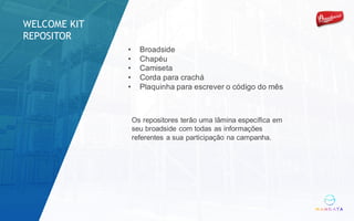 • Broadside
• Chapéu
• Camiseta
• Corda para crachá
• Plaquinha para escrever o código do mês
Os repositores terão uma lâmina específica em
seu broadside com todas as informações
referentes a sua participação na campanha.
WELCOME KIT
REPOSITOR
 