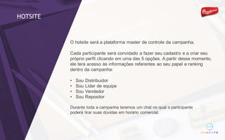 O hotsite será a plataforma master de controle da campanha.
Cada participante será convidado a fazer seu cadastro e a criar seu
próprio perfil clicando em uma das 5 opções. A partir desse momento,
ele terá acesso às informações referentes ao seu papel e ranking
dentro da campanha:
• Sou Distribuidor
• Sou Líder de equipe
• Sou Vendedor
• Sou Repositor
Durante toda a campanha teremos um chat no qual o participante
poderá tirar suas dúvidas em horário comercial.
HOTSITE
 