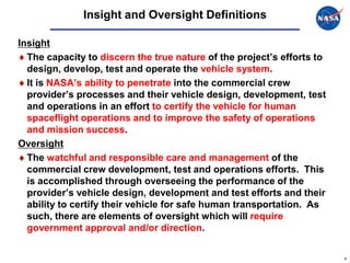 Insight and Oversight Definitions

Insight
  The capacity to discern the true nature of the project’s efforts to
  design, develop, test and operate the vehicle system.
  It is NASA’s ability to penetrate into the commercial crew
  provider’s processes and their vehicle design, development, test
  and operations in an effort to certify the vehicle for human
  spaceflight operations and to improve the safety of operations
  and mission success.
Oversight
  The watchful and responsible care and management of the
  commercial crew development, test and operations efforts. This
  is accomplished through overseeing the performance of the
  provider’s vehicle design, development and test efforts and their
  ability to certify their vehicle for safe human transportation. As
  such, there are elements of oversight which will require
  government approval and/or direction.

                                                                        4
 