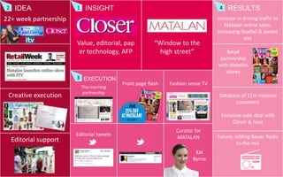 2

IDEA
22+ week partnership

1

4

INSIGHT

Value, editorial, pap
er technology, AFP

3 EXECUTION

Creative execution

This morning
partnership

“Window to the
high street”

Front page flash

RESULTS

Increase in driving traffic to
Matalan online sales,
increasing footfall & basket
size
Retail
partnership
with Matalan
stores

Fashion sense TV

Database of 11m matalan
customers
Exclusive subs deal with
Closer & heat

Editorial support

Editorial tweets

Curator for
MATALAN
Kat
Byrne

Future: adding Bauer Radio
to the mix

 