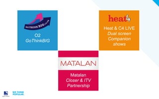 Heat & C4 LIVE
Dual screen
Companion
shows

O2
GoThinkBIG

Matalan
Closer & ITV
Partnership

 