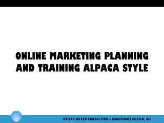 ONLINE MARKETING PLANNING
AND TRAINING ALPACA STYLE

KRISTY MEYER CONSULTING + BAUERHAUS DESIGN, INC

 