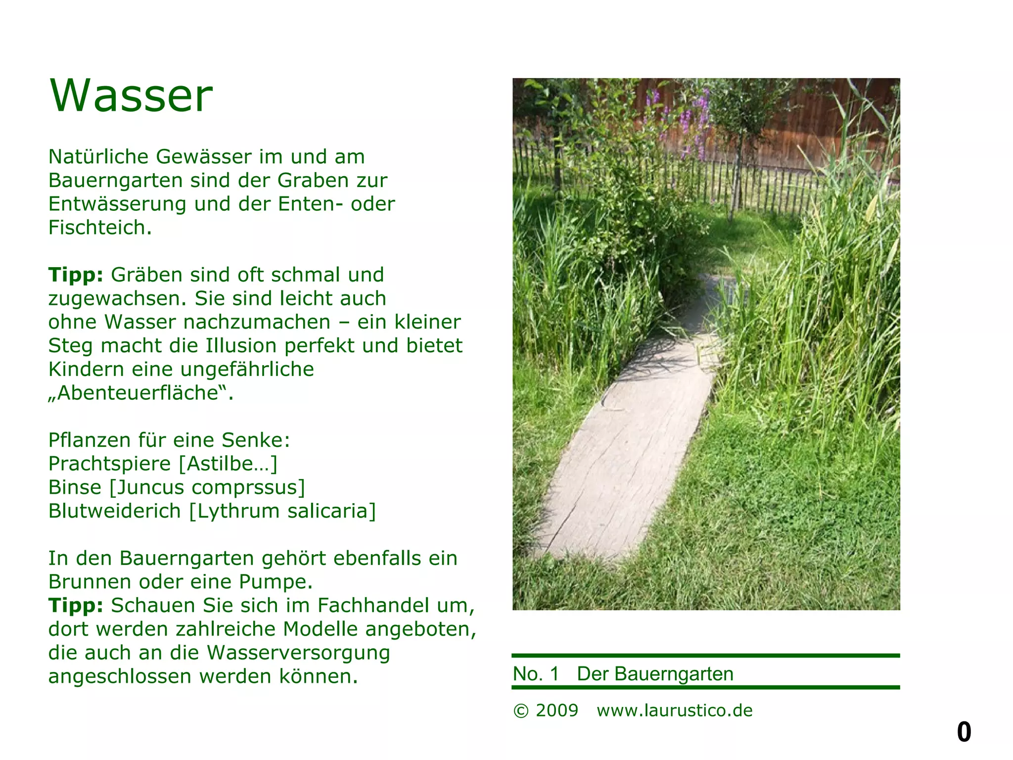 Wasser Natürliche Gewässer im und am Bauerngarten sind der Graben zur Entwässerung und der Enten- oder Fischteich. Tipp:  Gräben sind oft schmal und zugewachsen. Sie sind leicht auch  ohne Wasser nachzumachen – ein kleiner Steg macht die Illusion perfekt und bietet Kindern eine ungefährliche „Abenteuerfläche“. Pflanzen für eine Senke: Prachtspiere [Astilbe…] Binse [Juncus comprssus] Blutweiderich [Lythrum salicaria] In den Bauerngarten gehört ebenfalls ein Brunnen oder eine Pumpe. Tipp:  Schauen Sie sich im Fachhandel um, dort werden zahlreiche Modelle angeboten, die auch an die Wasserversorgung angeschlossen werden können. 