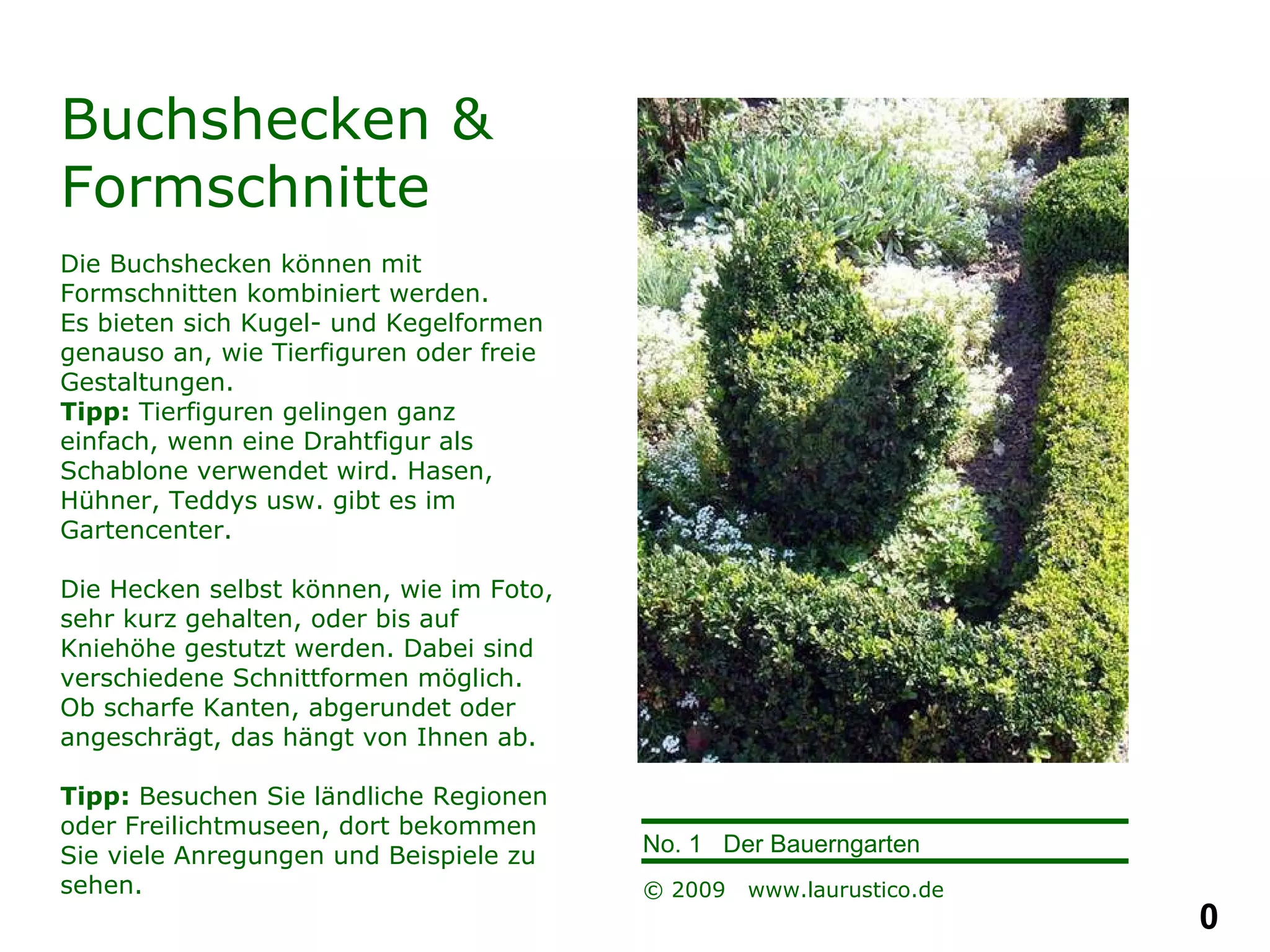 Buchshecken & Formschnitte Die Buchshecken können mit Formschnitten kombiniert werden.  Es bieten sich Kugel- und Kegelformen genauso an, wie Tierfiguren oder freie Gestaltungen. Tipp:  Tierfiguren gelingen ganz einfach, wenn eine Drahtfigur als Schablone verwendet wird. Hasen, Hühner, Teddys usw. gibt es im Gartencenter. Die Hecken selbst können, wie im Foto, sehr kurz gehalten, oder bis auf Kniehöhe gestutzt werden. Dabei sind verschiedene Schnittformen möglich. Ob scharfe Kanten, abgerundet oder angeschrägt, das hängt von Ihnen ab. Tipp:  Besuchen Sie ländliche Regionen oder Freilichtmuseen, dort bekommen Sie viele Anregungen und Beispiele zu sehen.   