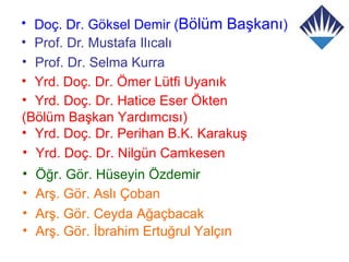 • Doç. Dr. Göksel Demir (Bölüm Başkanı)
• Prof. Dr. Mustafa Ilıcalı
• Prof. Dr. Selma Kurra
• Yrd. Doç. Dr. Ömer Lütfi Uyanık
• Yrd. Doç. Dr. Hatice Eser Ökten
(Bölüm Başkan Yardımcısı)
• Yrd. Doç. Dr. Perihan B.K. Karakuş
• Yrd. Doç. Dr. Nilgün Camkesen
•   Öğr. Gör. Hüseyin Özdemir
•   Arş. Gör. Aslı Çoban
•   Arş. Gör. Ceyda Ağaçbacak
•   Arş. Gör. İbrahim Ertuğrul Yalçın
 