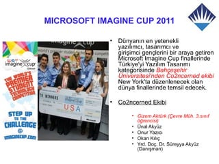 MICROSOFT IMAGINE CUP 2011

             •   Dünyanın en yetenekli
                 yazılımcı, tasarımcı ve
                 girişimci gençlerini bir araya getiren
                 Microsoft Imagine Cup finallerinde
                 Türkiye'yi Yazılım Tasarımı
                 kategorisinde Bahçeşehir
                 Üniversitesi'nden Co2ncerned ekibi
                 New York'ta düzenlenecek olan
                 dünya finallerinde temsil edecek.

             •   Co2ncerned Ekibi

                      • Gizem Aktürk (Çevre Müh. 3.sınıf
                        öğrencisi)
                      • Ünal Akyüz
                      • Onur Yazıcı
                      • Okan Kılıç
                      • Yrd. Doç. Dr. Süreyya Akyüz
                        (Danışman)
 