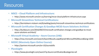 Resources
• MSCE – Cloud Platform and Infrastructure:
– https://www.microsoft.com/en-au/learning/mcse-cloud-platform-infrastructure.aspx
• Microsoft Streamlines Technical Certifications:
– https://borntolearn.mslearn.net/b/weblog/posts/microsoft-streamlines-technical-certifications
• Microsoft Certification Changes & Goodbye MCSD Azure Solutions Architect
– https://buildazure.com/2016/09/27/microsoft-certification-changes-and-goodbye-to-mcsd-
azure-solutions-architect/
• Microsoft Virtual Academy – Azure Courses (146):
– https://mva.microsoft.com/search/SearchResults.aspx#!prod=Microsoft%20Azure&lang=1033
• MOOC (Massively Open Online Course):
– https://partner.microsoft.com/en-US/azureskills
• Pluralsight:
– https://www.pluralsight.com/search?q=Azure+certification&categories=all
 