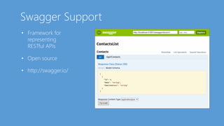 • Framework for
representing
RESTful APIs
• Open source
• http://swagger.io/
 