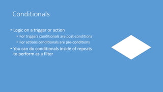 Conditionals
• Logic on a trigger or action
• For triggers conditionals are post-conditions
• For actions conditionals are pre-conditions
• You can do conditionals inside of repeats
to perform as a filter
 