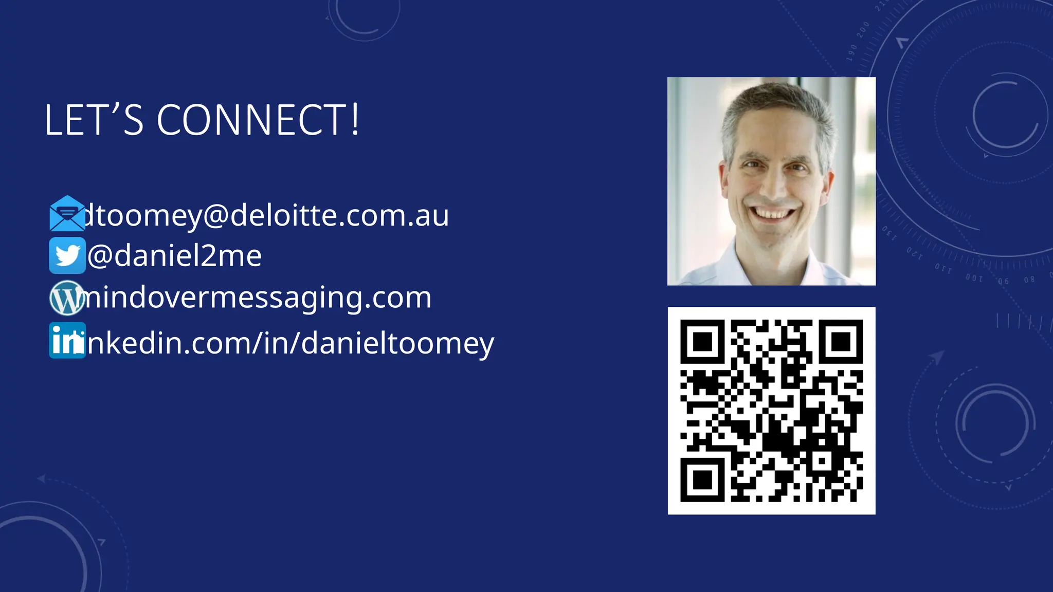LET’S CONNECT!
dtoomey@deloitte.com.au
@daniel2me
linkedin.com/in/danieltoomey
mindovermessaging.com
 