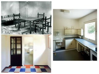 ARQUITECTURABAUHAUSLa forma sigue a la funciónLas construcciones de la Bauhaus tienen techos planos, fachadas lisas, y formas cúbicas.Los colores son blanco, gris, beige, negro.Las plantas son abiertas y el mobiliario es funcional.