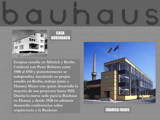 CASA
                    AUBERBACH




Gropius estudia en Münich y Berlín.
Colaboró con Peter Behrens entre
1908 al 1910 y posteriormente se
independiza instalando su propio
estudio en Berlín, trabaja junto a
Hannes Meyer con quien desarrolla la
mayoría de sus proyectos hasta 1925.
Diseña la nueva sede para la Bauhaus
en Dessau y desde 1928 en adelante
desarrolla conferencias sobre
arquitectura y la Bauhaus.             FÁBRICA FAGUS
 