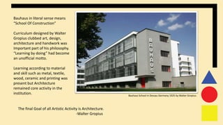 ddfewfregeggdgdg
Bauhaus in literal sense means
“School Of Construction”
Curriculum designed by Walter
Gropius clubbed art, design,
architecture and handwork was
Important part of his philosophy.
“Learning by doing” had become
an unofficial motto.
Learning according to material
and skill such as metal, textile,
wood, ceramic and printing was
present but Architecture
remained core activity in the
institution.
The final Goal of all Artistic Activity is Architecture.
-Walter Gropius
Bauhaus School in Dessau Germany 1925 by Walter Gropius.
 