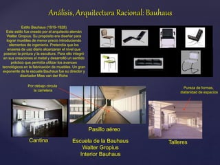 Escuela de la Bauhaus
Walter Gropius
Interior Bauhaus
Cantina
Pasillo aéreo
Talleres
Por debajo circula
la carretera
Pureza de formas,
diafanidad de espacios
Estilo Bauhaus (1919-1928)
Este estilo fue creado por el arquitecto alemán
Walter Gropius. Su propósito era diseñar para
lograr muebles de menor precio introduciendo
elementos de ingeniería. Pretendía que los
enseres de uso diario alcanzaran el nivel que
poseían la pintura y la escultura. Para ello integró
en sus creaciones el metal y desarrolló un sentido
práctico que permitía utilizar los avances
tecnológicos en la fabricación de muebles. Un gran
exponente de la escuela Bauhaus fue su director y
diseñador Mies van der Rohe
Análisis, Arquitectura Racional: Bauhaus
 