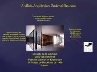 Escuela de la Bauhaus
Mies Van der Rohe
Pabellón alemán en Exposición
Universal de Barcelona de 1929
interior
Cortina roja, alfombra negraa
y muro dorado recrean
bandera alemana
Distribución libre de
pantallas acristaladas y muros
que no llegan a unirse, creando
espacios diferentes pero sin estar
totalmente aislados unos de otros
Diseño de todos
los elementos
(silla Barcelona
de estructura
tubular hueca)
Análisis, Arquitectura Racional: Bauhaus
 