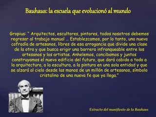 Gropius: “ Arquitectos, escultores, pintores, todos nosotros debemos
regresar al trabajo manual … Establezcamos, por lo tanto, una nueva
cofradía de artesanos, libres de esa arrogancia que divide una clase
de la otra y que busca erigir una barrera infranqueable entre los
artesanos y los artistas. Anhelemos, concibamos y juntos
construyamos el nuevo edificio del futuro, que dará cabida a todo a
la arquitectura, a la escultura, a la pintura en una sola entidad y que
se alzará al cielo desde las manos de un millón de artesanos, símbolo
cristalino de una nueva fe que ya llega.”
Bauhaus: la escuela que evolucionó al mundo
Extracto del manifiesto de la Bauhaus
 