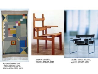 ALFOMBRA PARA UNA
HABITACIÓN INFANTIL,
BENITA KOCH-OTTE, 1923
SILLA B3 O SILLA WASSILY,
MARCEL BREUER, 1926
SILLA DE LISTONES,
MARCEL BREUER, 1924
 